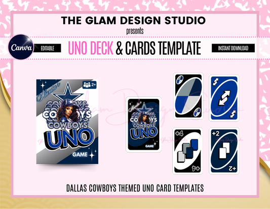 PLR & MRR Dallas Cowboys Uno Deck Box & Cards Digital, Canva Editable Templates, 55 Card Templates Included