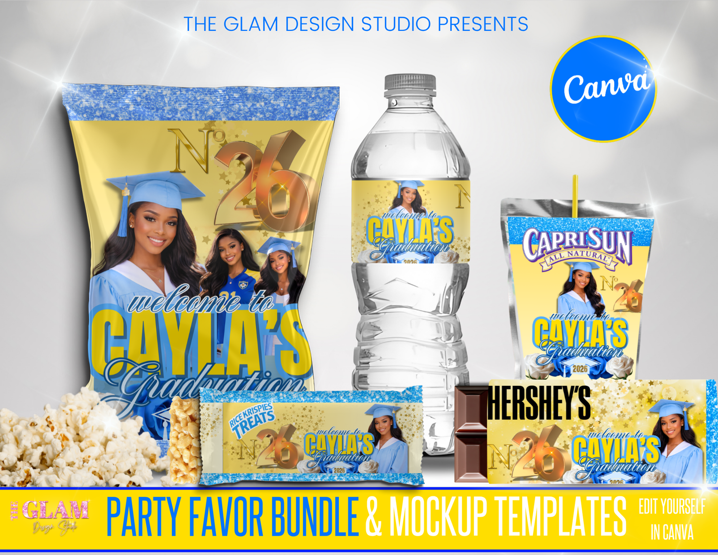 Graduation Party Favor Templates Bundle Canva | Editable Chip Bag, Capri Sun, Water Bottle, Candy Wrappers, Rice Krispie, Keychain, Perfume Labels | Class of 2026