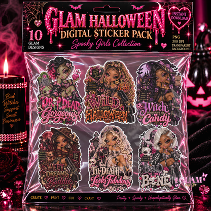 Glam Halloween Digital Sticker Pack | 19 PNG Stickers + Mockups & More | Commercial Use for Crafters