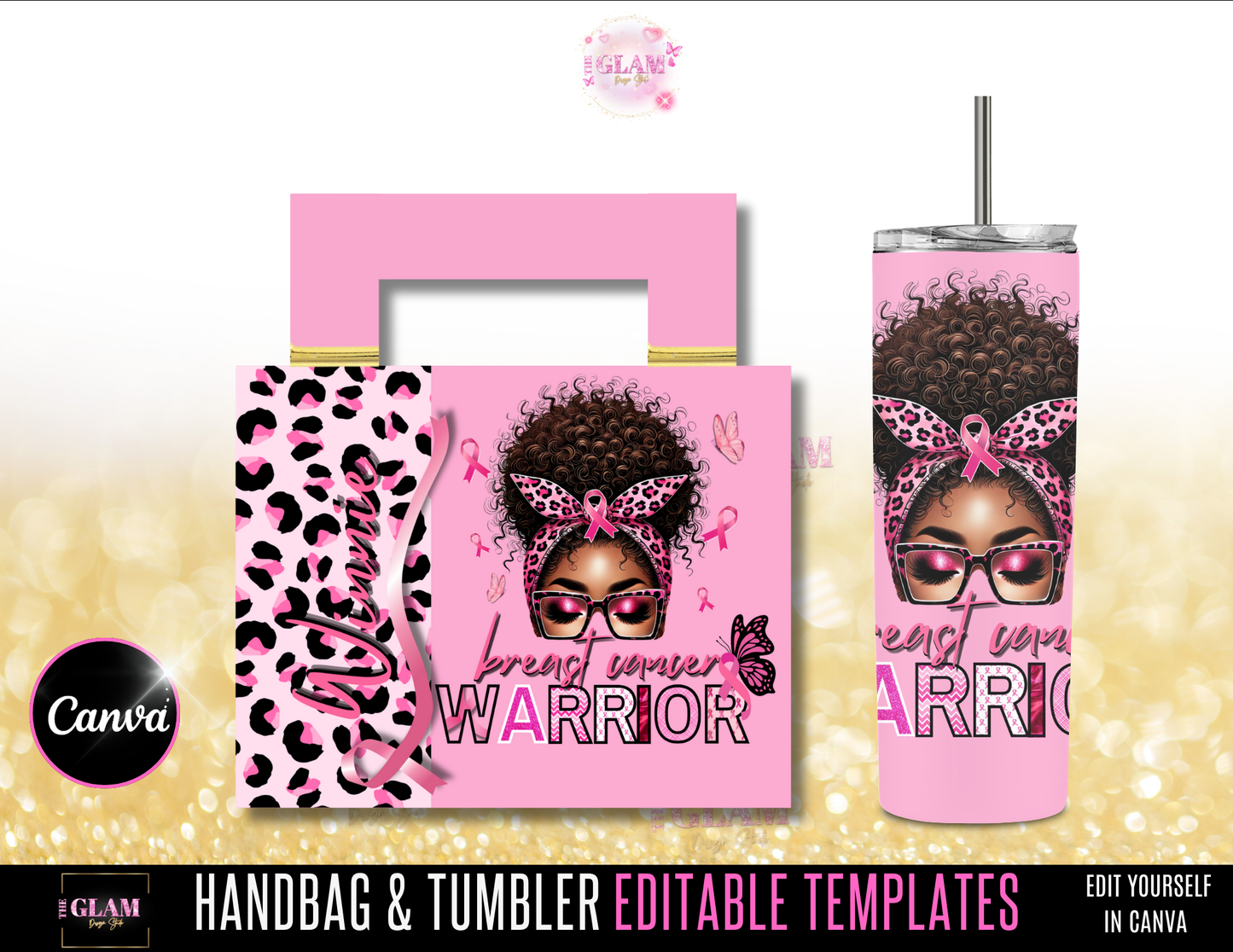 Breast Cancer Warrior Handbag Box & Tumbler Canva Editable Template (Digital Product)