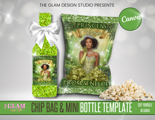 Princess Prom Send Off Chip Bag & Mini Bottle Template | Editable Canva Party Favor for Crafters & DIY Beginners