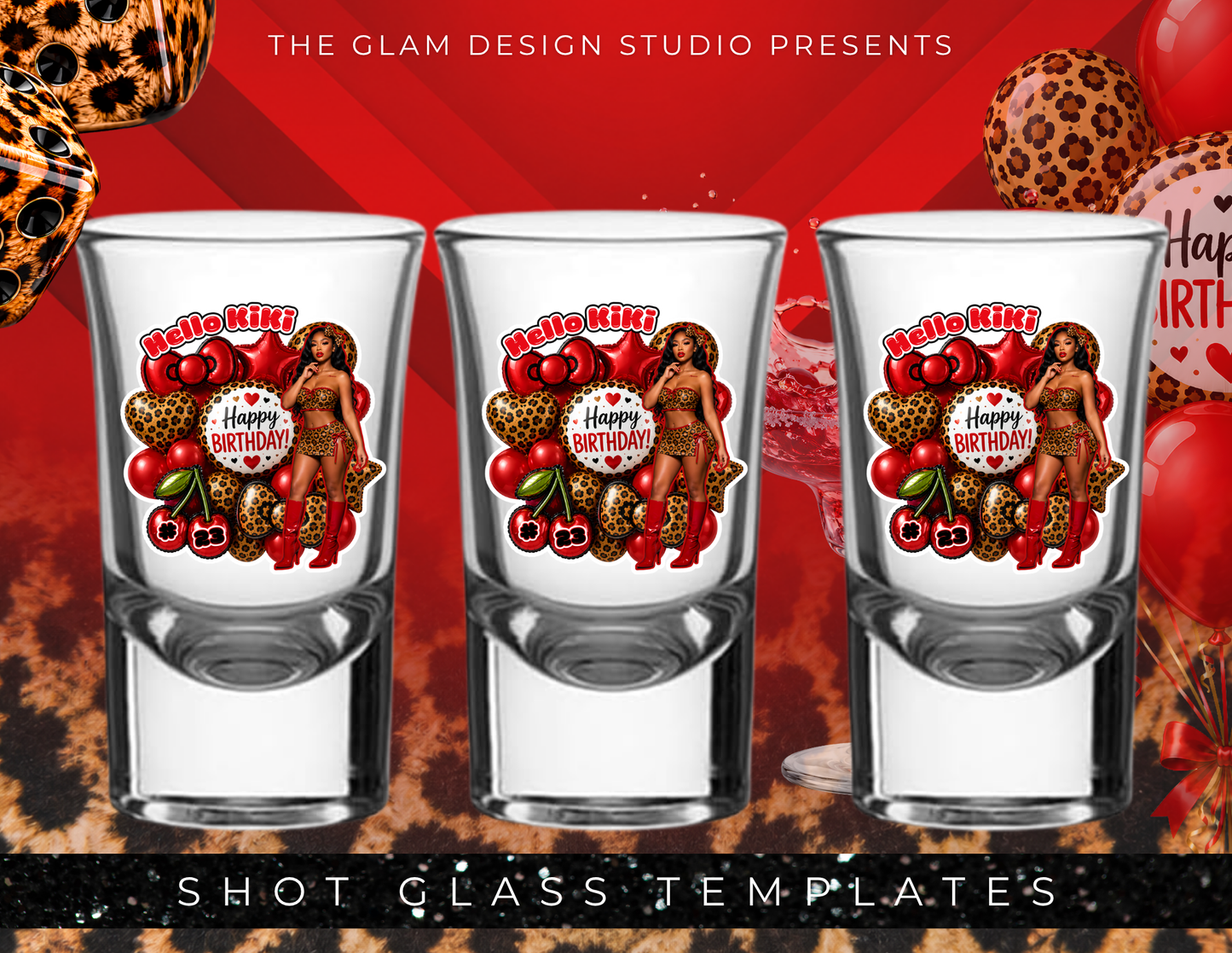 Custom Red Cheetah Birthday Party Favors Templates| Hello Kitty Girl Bundle