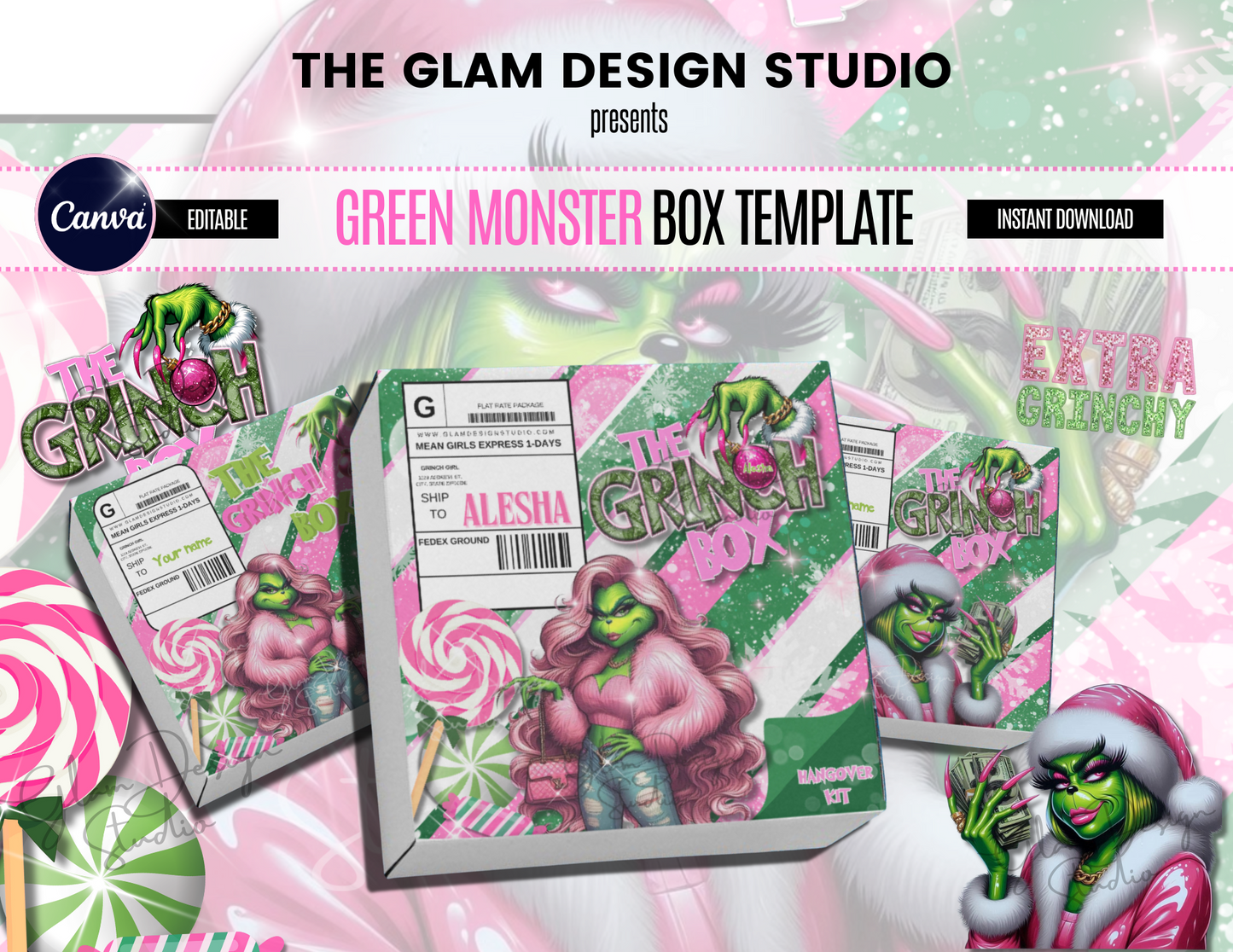 (Digital Product) Girl Baddie Green Monster Box Template