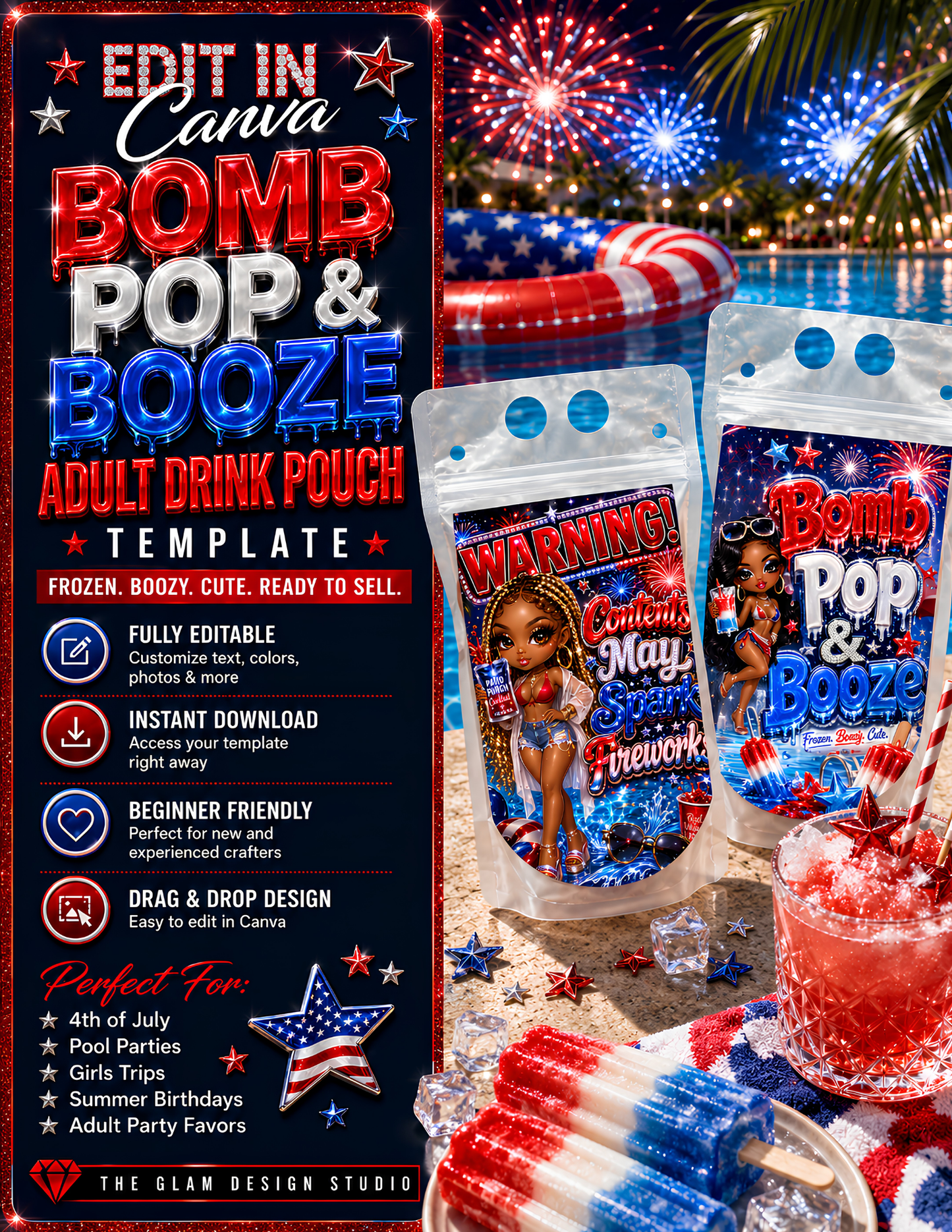 Red White & Tipsy 4th of July Canva Template Bundle | Adult Drink Pouch, Fan & Foam Cup Sticker Templates