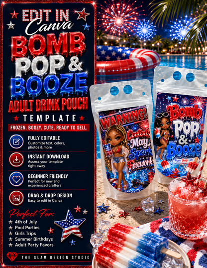 Red White & Tipsy 4th of July Canva Template Bundle | Adult Drink Pouch, Fan & Foam Cup Sticker Templates