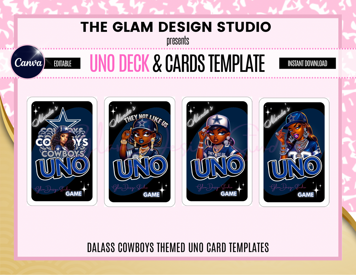 PLR & MRR Dallas Cowboys Uno Deck Box & Cards Digital, Canva Editable Templates, 55 Card Templates Included