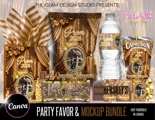 Rich Brown Gold Prom Party Favor Templates Canva Editable Bundle | Chip Bag, Capri Sun, Water Bottle Label, Hershey Wrapper, Rice Krispie Treat | Prom 2026