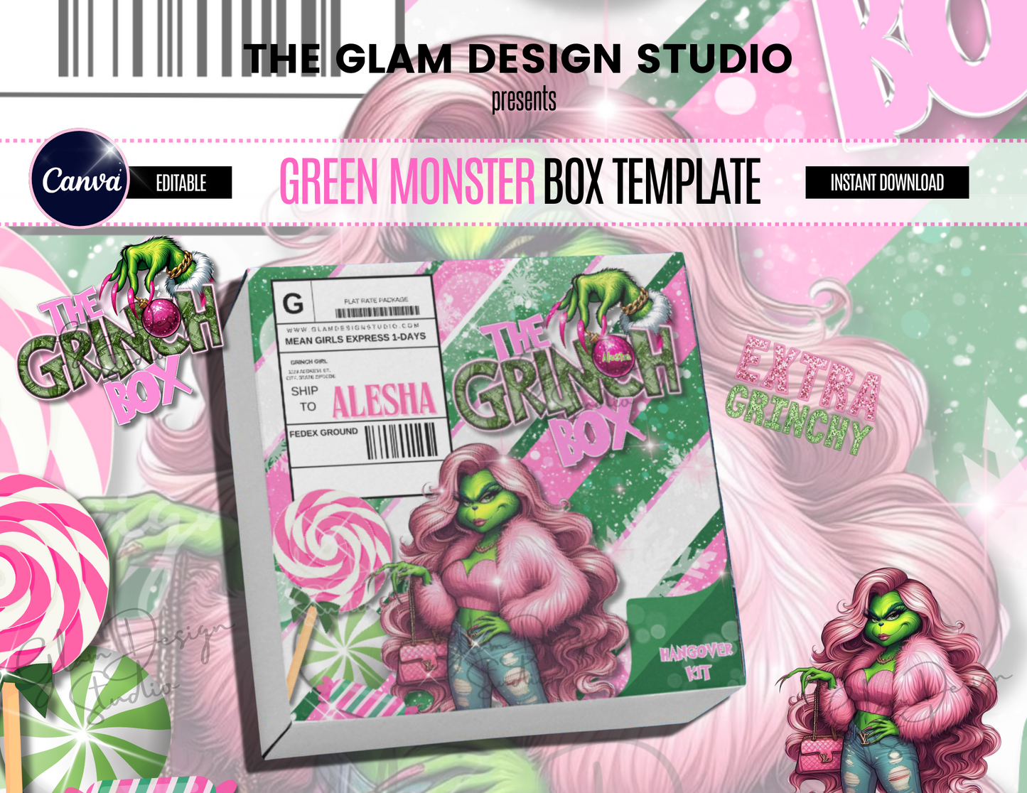 (Digital Product) Girl Baddie Green Monster Box Template