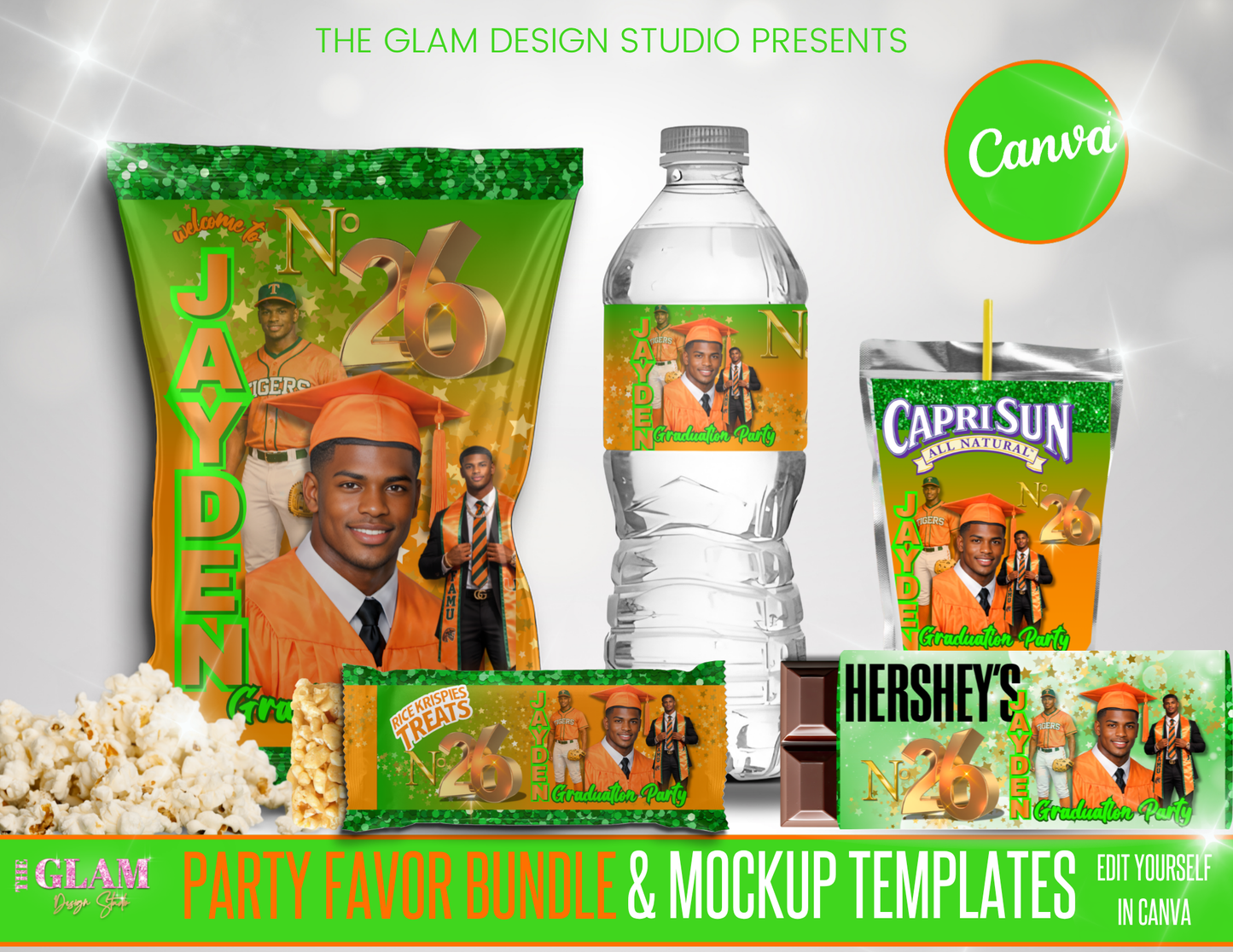 Graduation Party Favor Templates Bundle Canva | Editable Chip Bag, Capri Sun, Water Bottle, Candy Wrappers, Rice Krispie, Keychain, Perfume Labels | Class of 2026