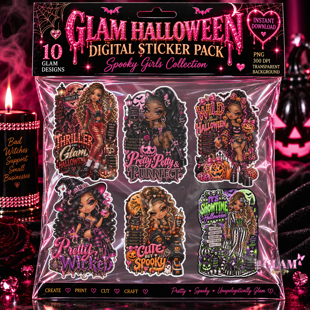 Glam Halloween Digital Sticker Pack | 19 PNG Stickers + Mockups & More | Commercial Use for Crafters