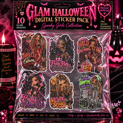 Glam Halloween Digital Sticker Pack | 19 PNG Stickers + Mockups & More | Commercial Use for Crafters