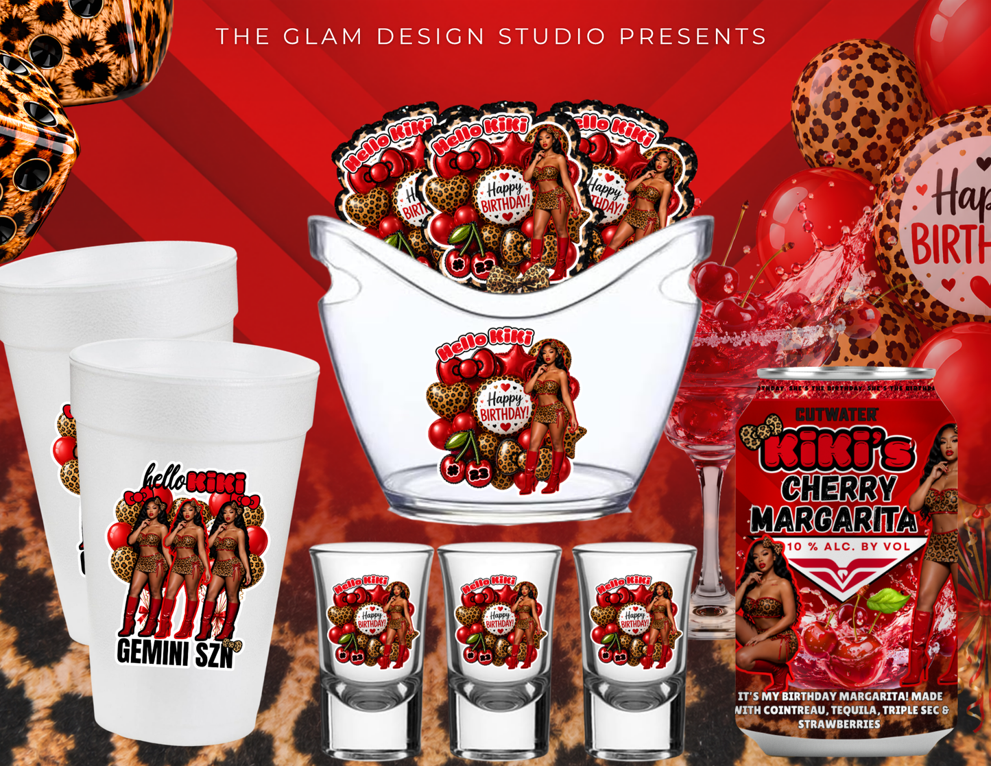 Custom Red Cheetah Birthday Party Favors Templates| Hello Kitty Girl Bundle