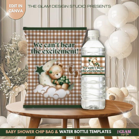 We Can’t Bear the Excitement Baby Shower Templates | Chip Bag & Water Bottle Labels (Canva)