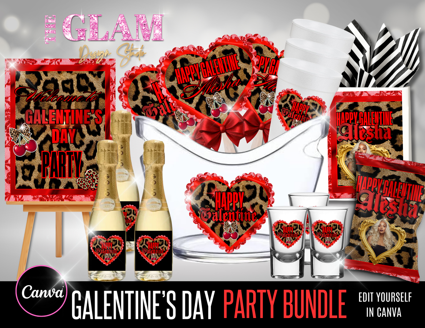 Galentine’s Lace & Leopard Party Bundle | Leopard & Red Valentine Canva Templates | Editable Galentine Decorations