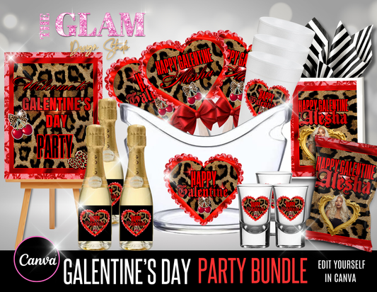 Galentine’s Lace & Leopard Party Bundle | Leopard & Red Valentine Canva Templates | Editable Galentine Decorations