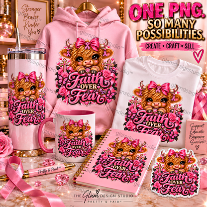 Breast Cancer Highland Cow PNG | Faith Over Fear PNG | Pink Ribbon DTF, Sublimation & Sticker Design