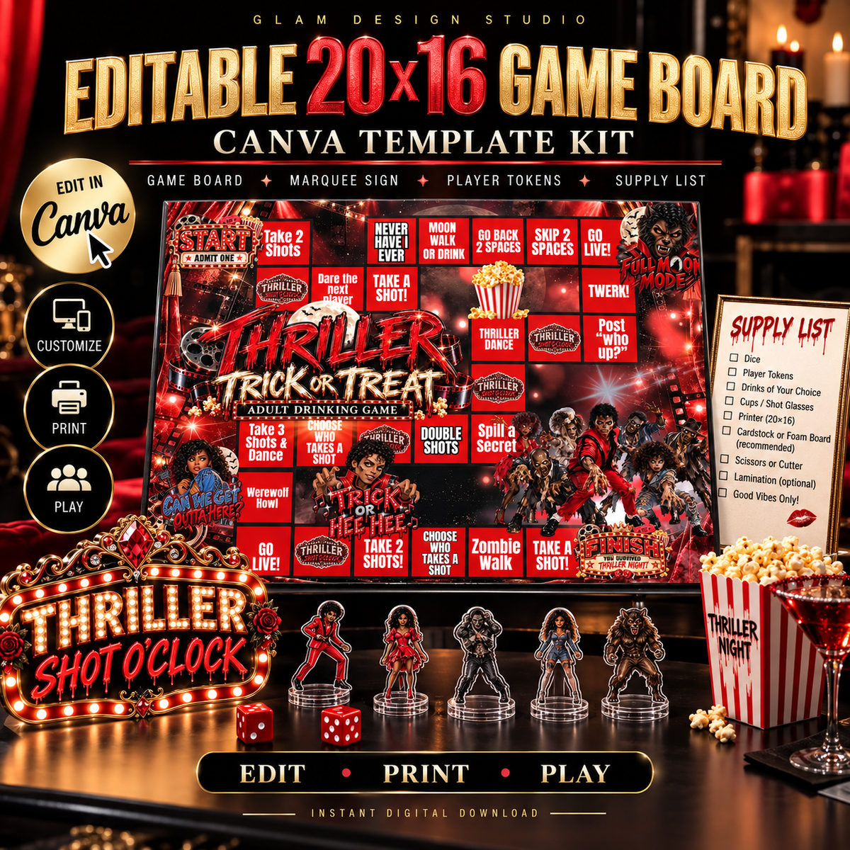 Thriller Halloween Adult Drinking Game Kit | Editable Canva Template Kit