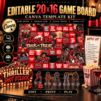 Thriller Halloween Adult Drinking Game Kit | Editable Canva Template Kit