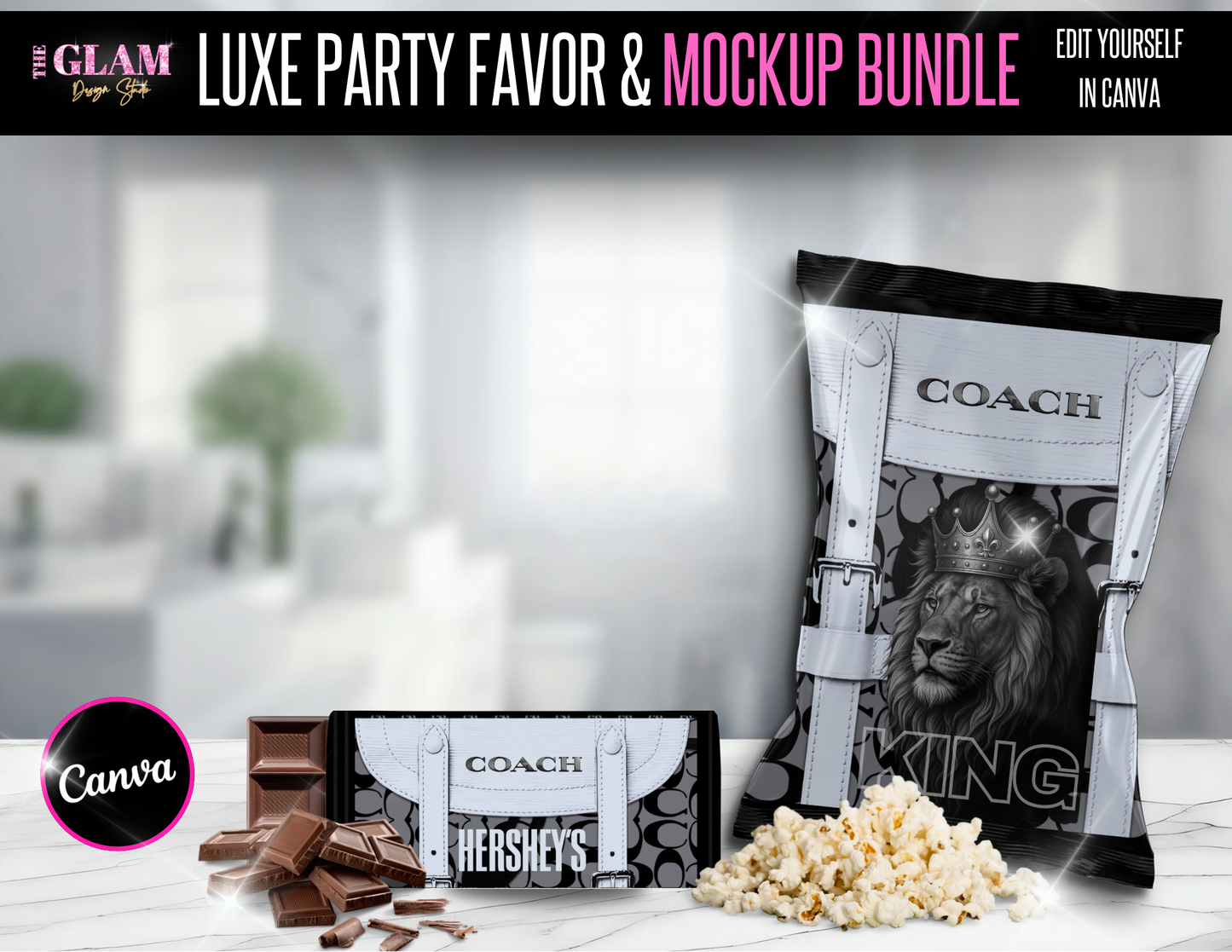 King (men) Luxury Designer Chip Bag & Hershey Bar Bundle 8 (Canva Editable Templates)