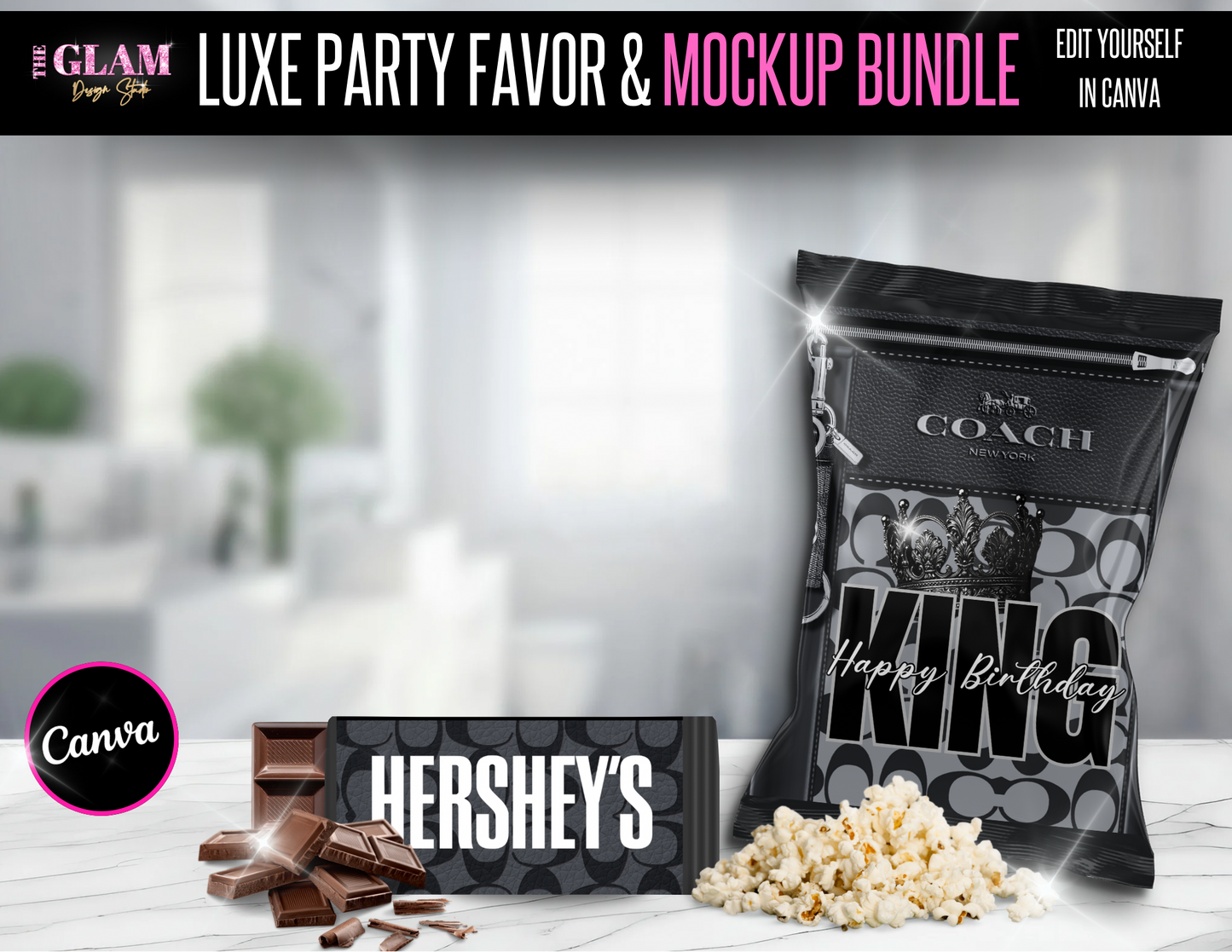 King (men) Luxury Designer Chip Bag & Hershey Bar Bundle 8 (Canva Editable Templates)
