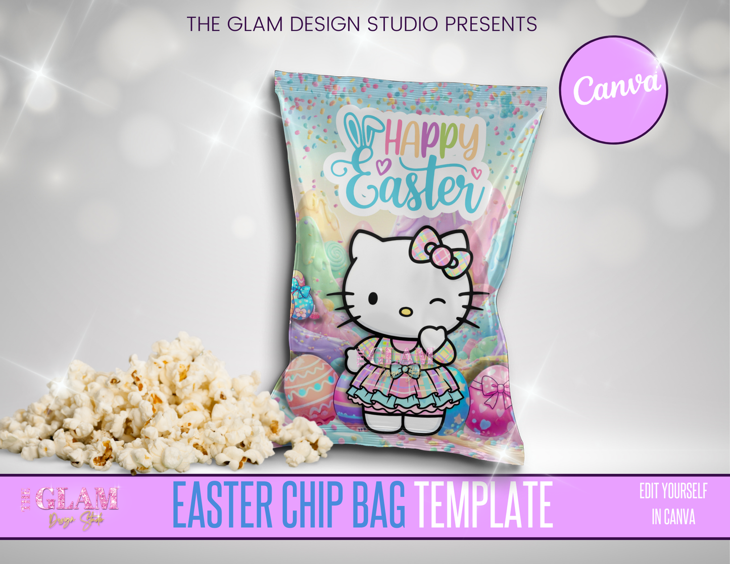 Easter Kitty-Inspired Chip Bag Template | Editable Canva Treat Bag Design | Cute Pastel Party Favor for Crafters