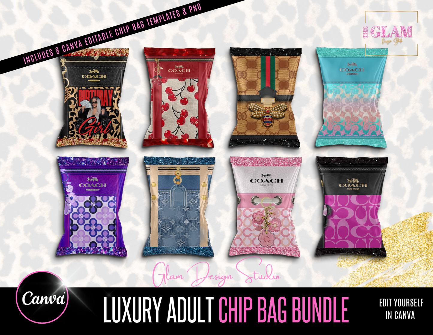 Luxury Designer Chip Bag Bundle 8 (Canva Editable Templates)