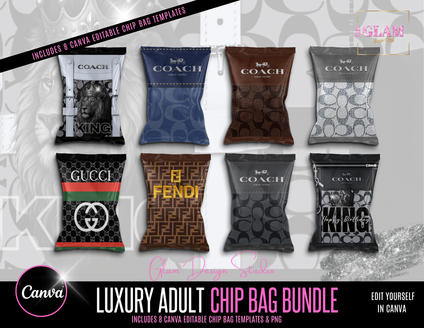 King (men) Luxury Designer Chip Bag Bundle 8 (Canva Editable Templates)