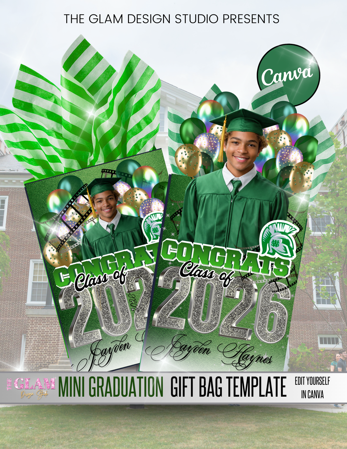 Mini Graduation Gift Bag Template – Editable Canva Class of 2026 Chip Bag Design – Green Cap & Gown Senior Party Favor Printable
