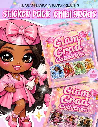 Digital Chibi Graduation Stickers Pack – Glam Grad Collection | Cute Printable PNG Stickers for Crafts, Planners & Scrapbooks