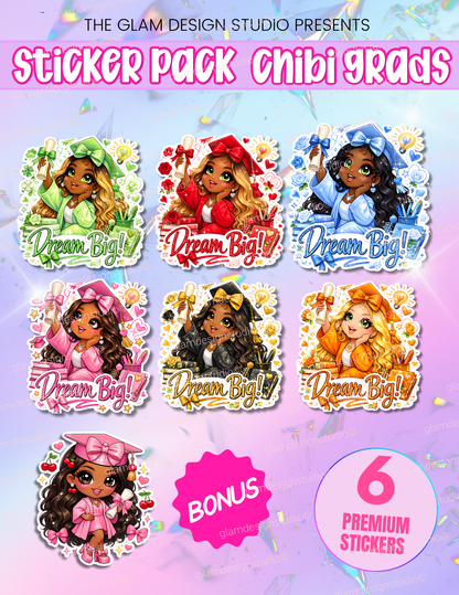 Digital Chibi Graduation Stickers Pack – Glam Grad Collection | Cute Printable PNG Stickers for Crafts, Planners & Scrapbooks