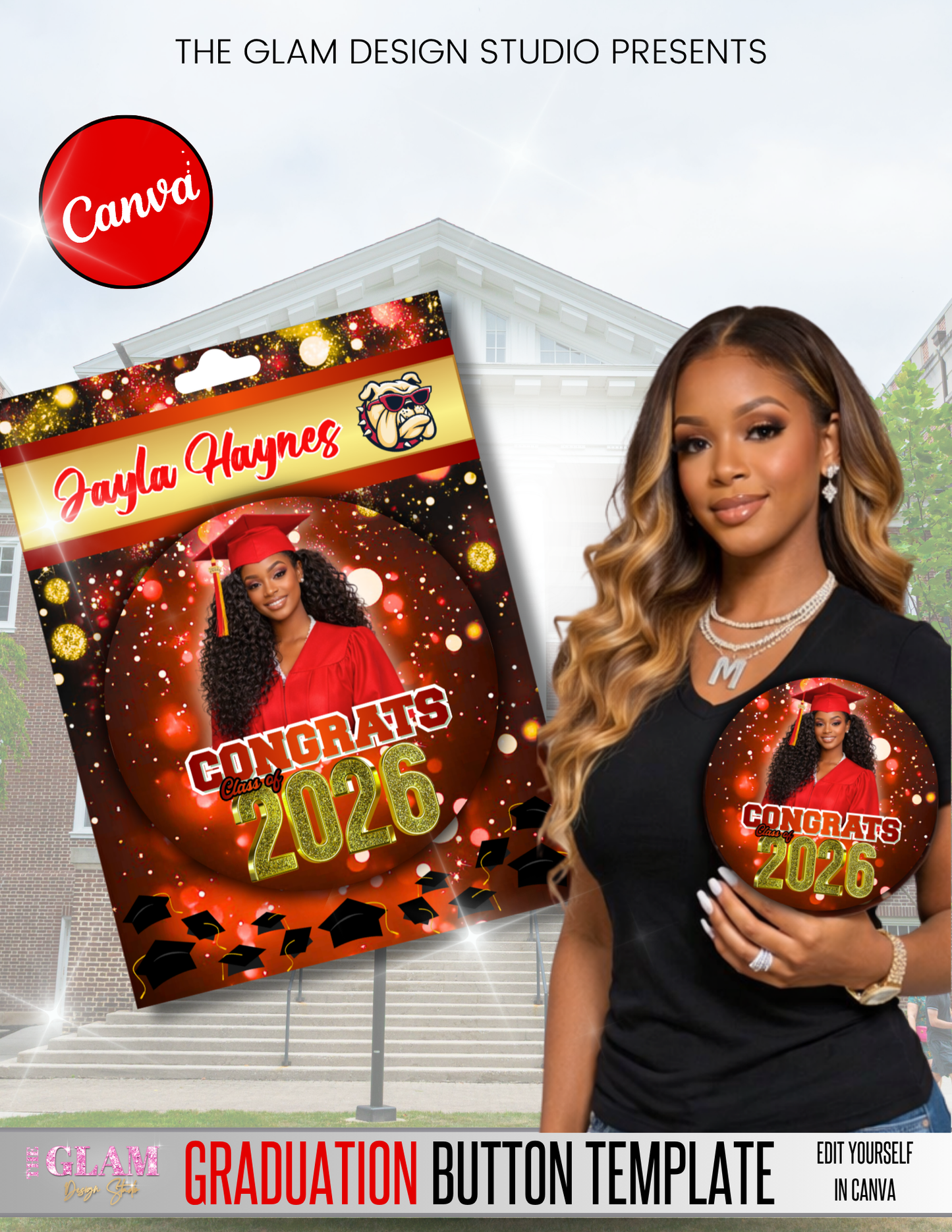 Oversized Graduation Button Template Bundle 2026 Canva Editable Senior Photo Buttons Red Blue Green Grad Designs Digital Download
