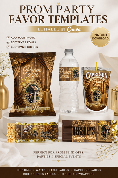 Rich Brown Gold Prom Party Favor Templates Canva Editable Bundle | Chip Bag, Capri Sun, Water Bottle Label, Hershey Wrapper, Rice Krispie Treat | Prom 2026