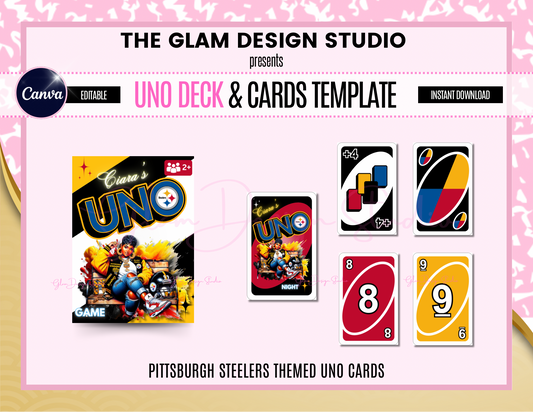 PLR & MRR Pittsburgh Steelers Uno Deck Box & Cards Digital, Canva Editable Templates, 55 Card Templates Included