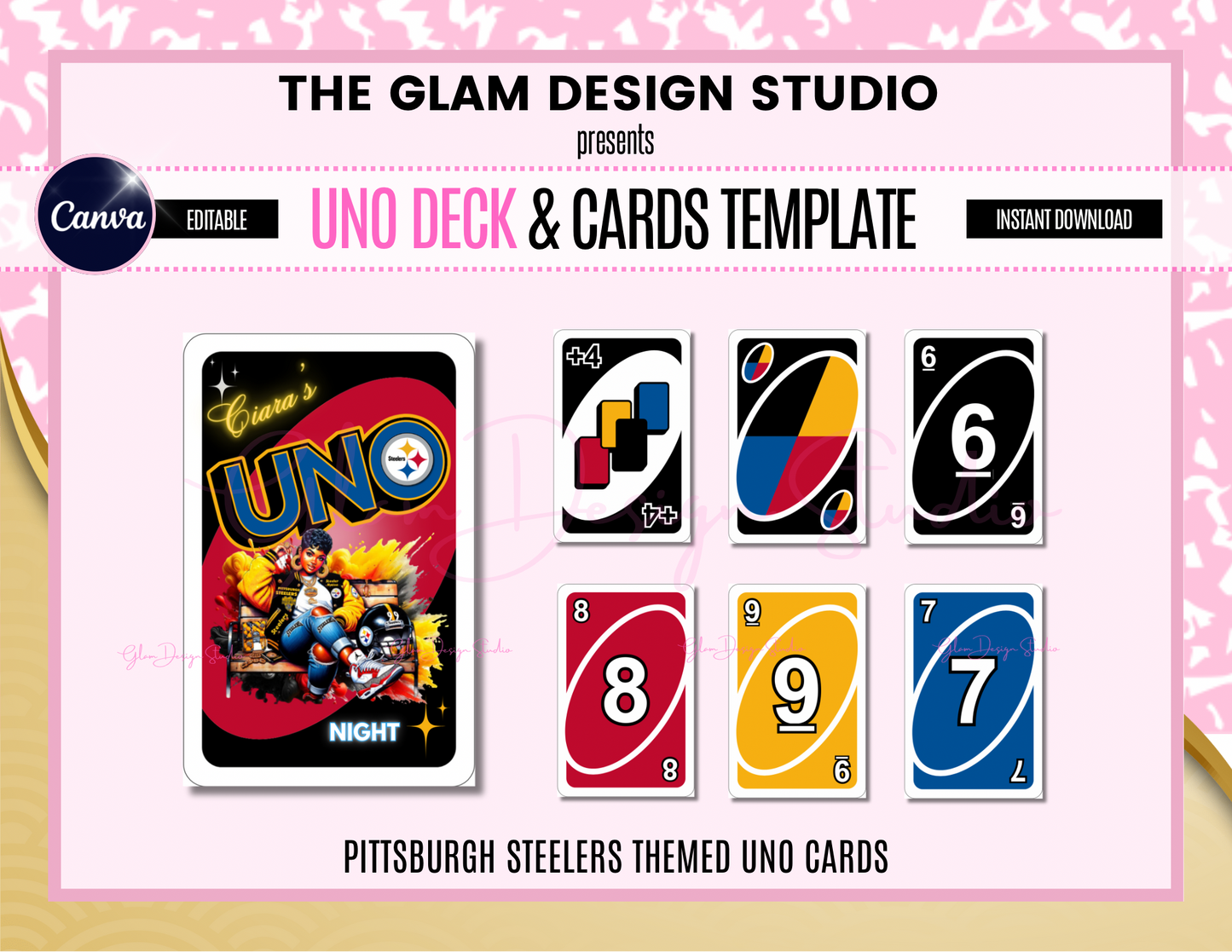 PLR & MRR Pittsburgh Steelers Uno Deck Box & Cards Digital, Canva Editable Templates, 55 Card Templates Included