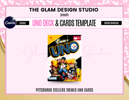 PLR & MRR Pittsburgh Steelers Uno Deck Box & Cards Digital, Canva Editable Templates, 55 Card Templates Included