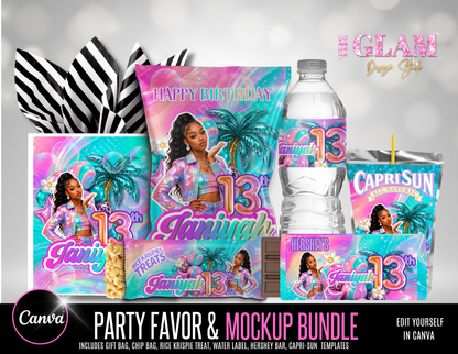 Teen Birthday Tropical Party Favor Bundle Canva Template | Chip Bag, Capri Sun, Water Bottle, Hershey Bar & Rice Krispie Treat