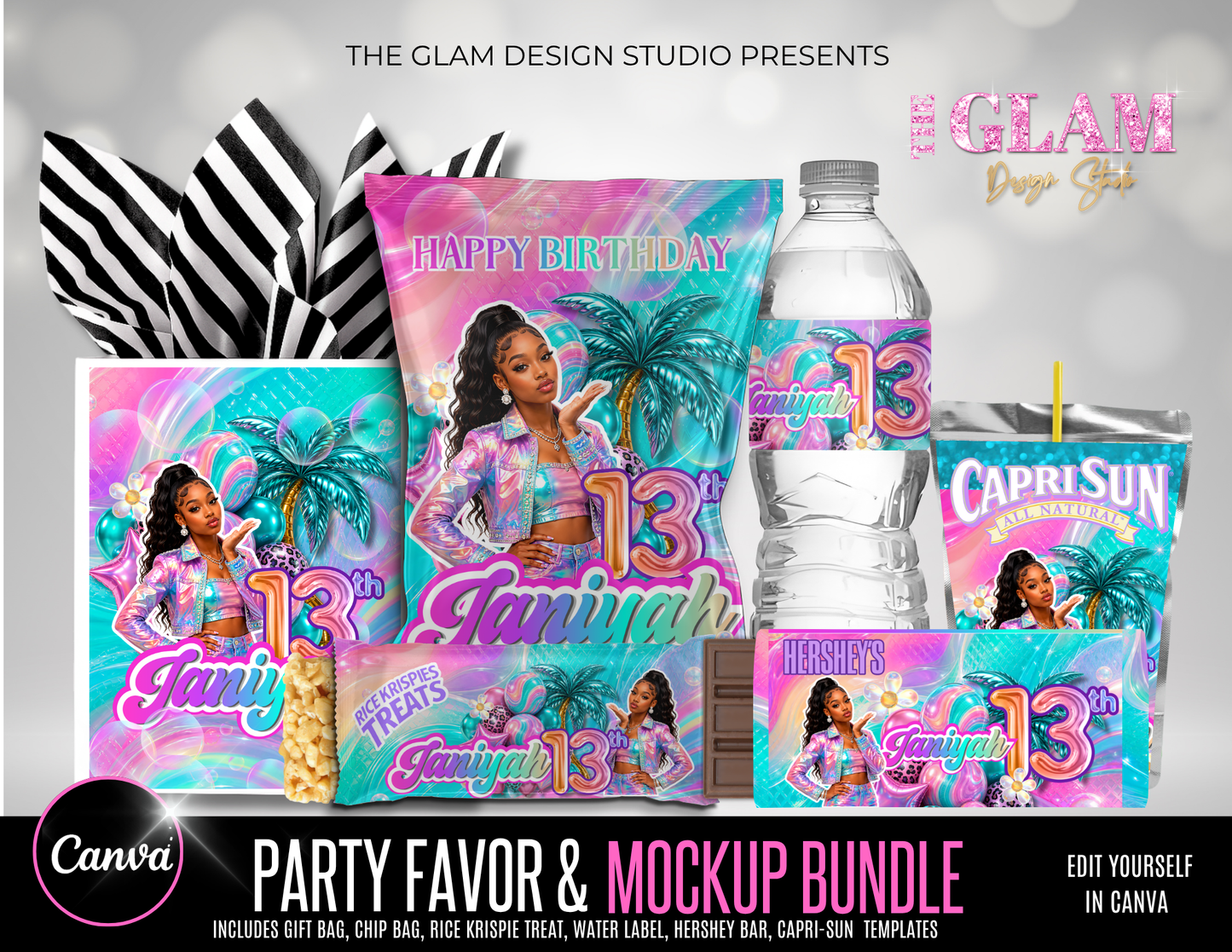 Teen Birthday Tropical Party Favor Bundle Canva Template | Chip Bag, Capri Sun, Water Bottle, Hershey Bar & Rice Krispie Treat