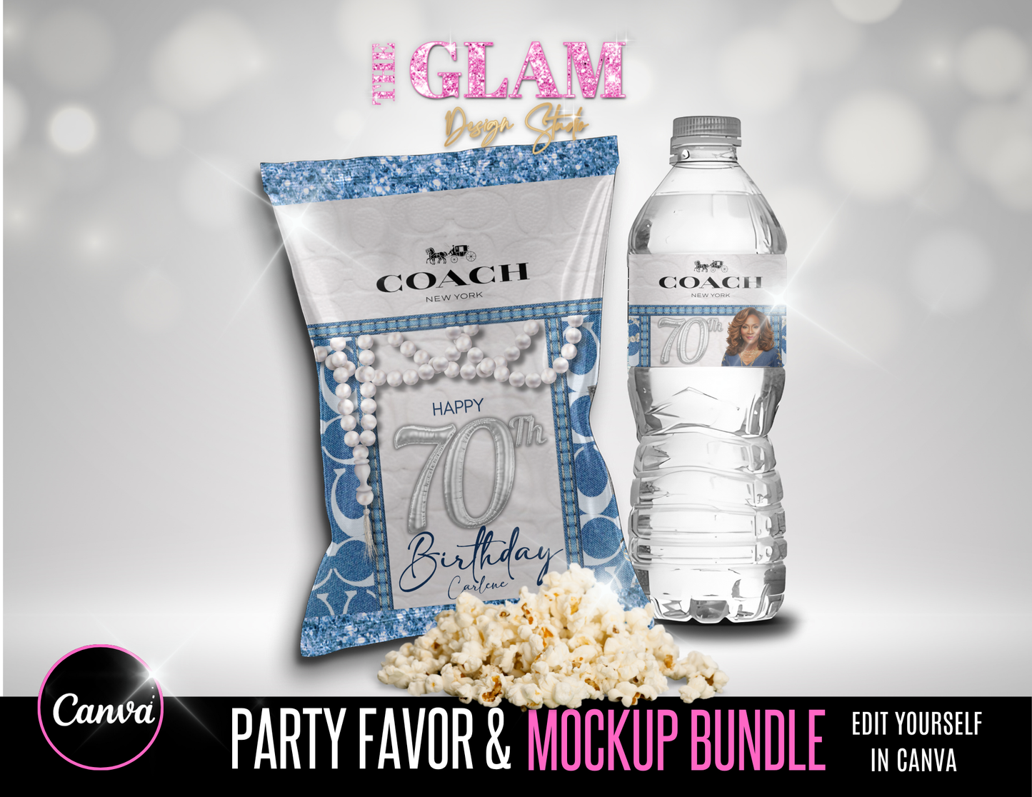 Luxury Blue Coach-Inspired Party Favor & Mockup Canva Bundle | Editable Templates for Gift Bags, Water Labels, Wine Labels, Chip Bags & More