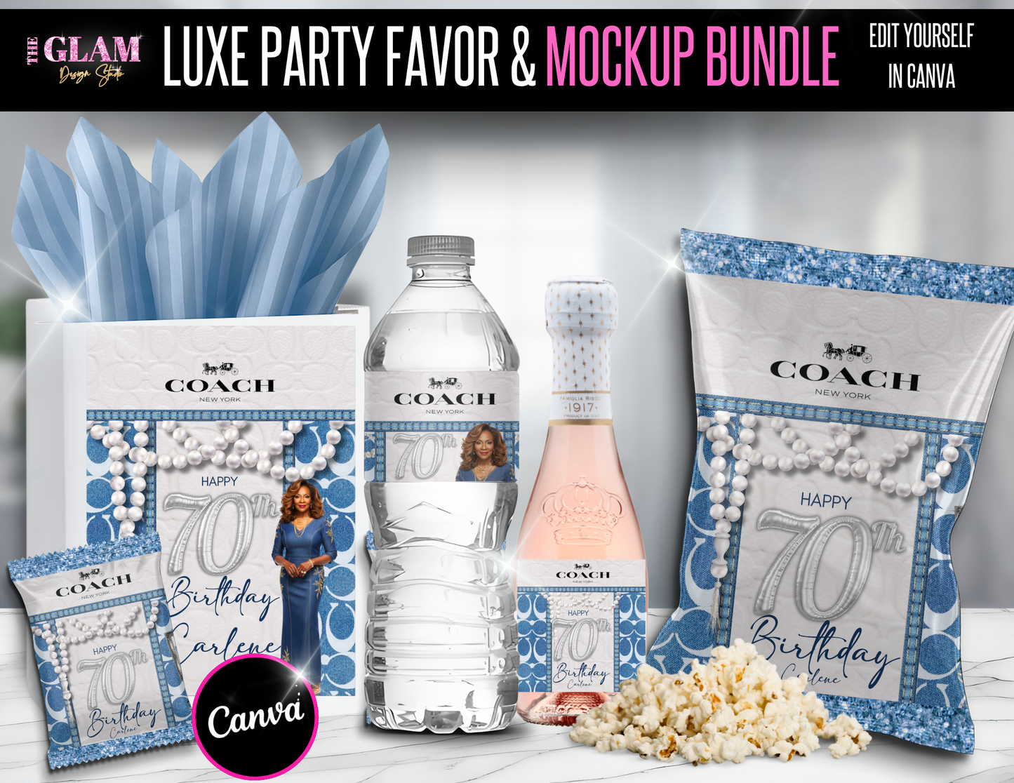 Luxury Blue Coach-Inspired Party Favor & Mockup Canva Bundle | Editable Templates for Gift Bags, Water Labels, Wine Labels, Chip Bags & More