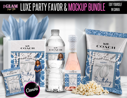 Luxury Blue Coach-Inspired Party Favor & Mockup Canva Bundle | Editable Templates for Gift Bags, Water Labels, Wine Labels, Chip Bags & More