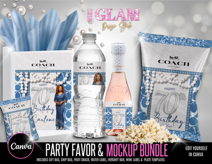 Luxury Blue Coach-Inspired Party Favor & Mockup Canva Bundle | Editable Templates for Gift Bags, Water Labels, Wine Labels, Chip Bags & More