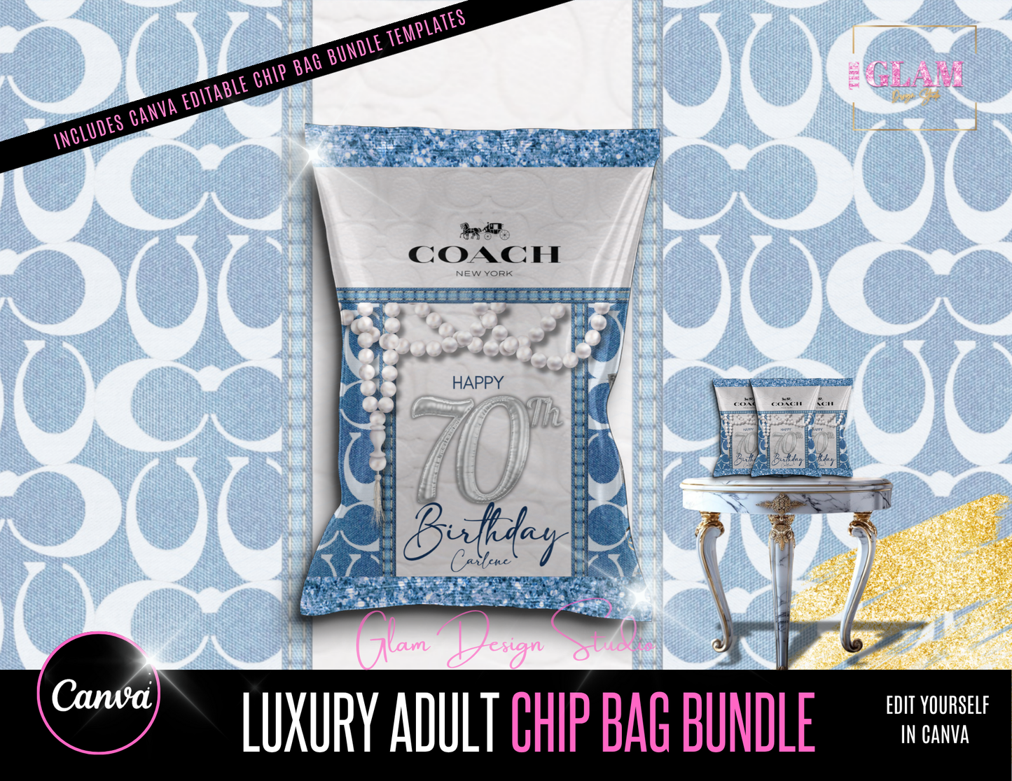 Luxury Blue Coach-Inspired Party Favor & Mockup Canva Bundle | Editable Templates for Gift Bags, Water Labels, Wine Labels, Chip Bags & More