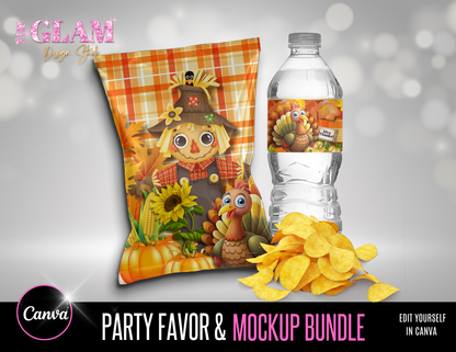 Fall Party Favor & Mockup Canva Bundle – Thanksgiving Snack Bag, Water Bottle, and Candy Bar Wrappers | Editable Fall Scarecrow & Turkey Designs