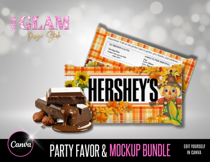 Fall Party Favor & Mockup Canva Bundle – Thanksgiving Snack Bag, Water Bottle, and Candy Bar Wrappers | Editable Fall Scarecrow & Turkey Designs