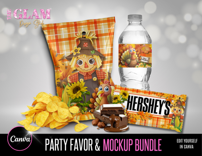 Fall Party Favor & Mockup Canva Bundle – Thanksgiving Snack Bag, Water Bottle, and Candy Bar Wrappers | Editable Fall Scarecrow & Turkey Designs