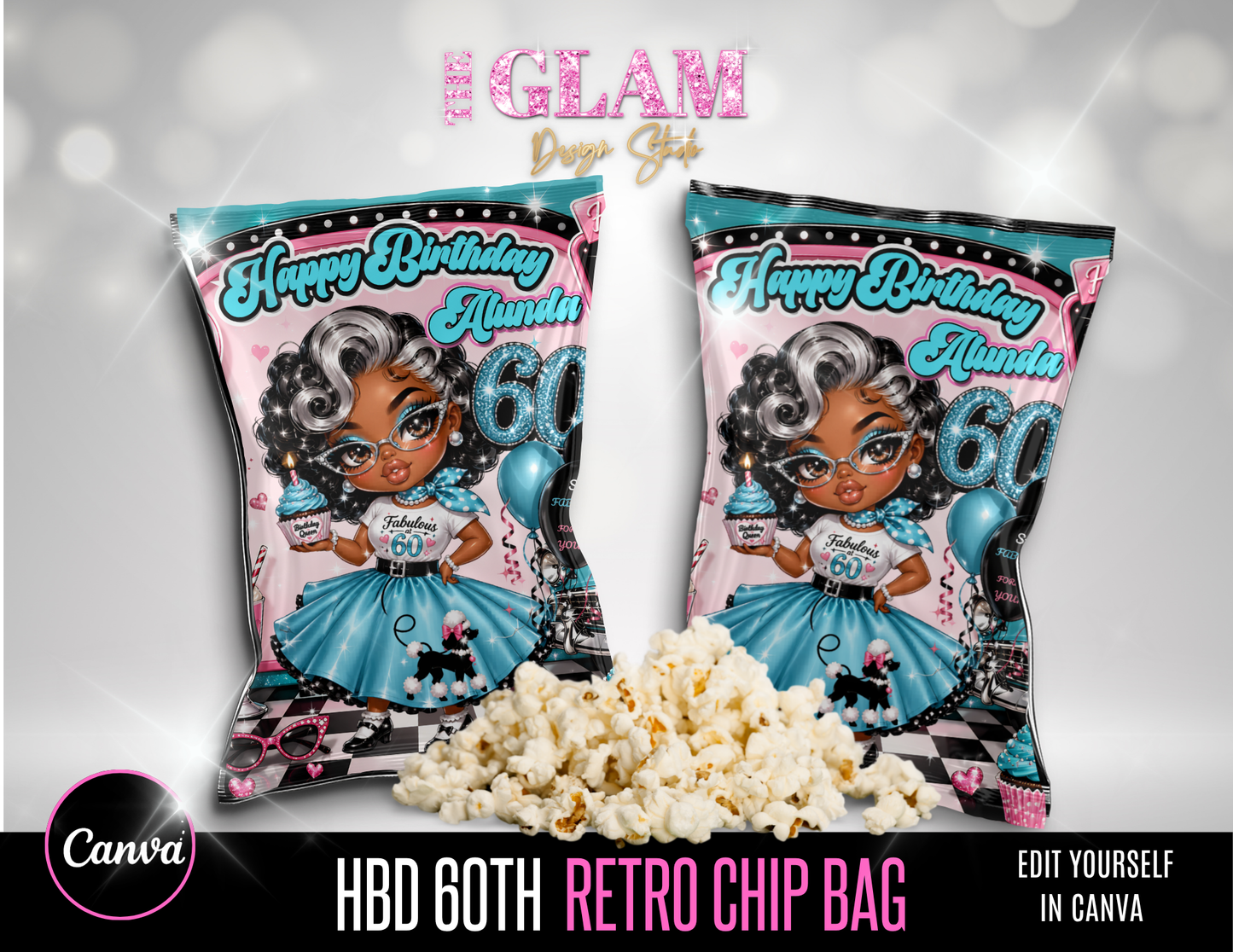 Retro 60th Birthday Chip Bag Bundle | Editable Canva Template | Glam Vintage Party Favor Wrapper