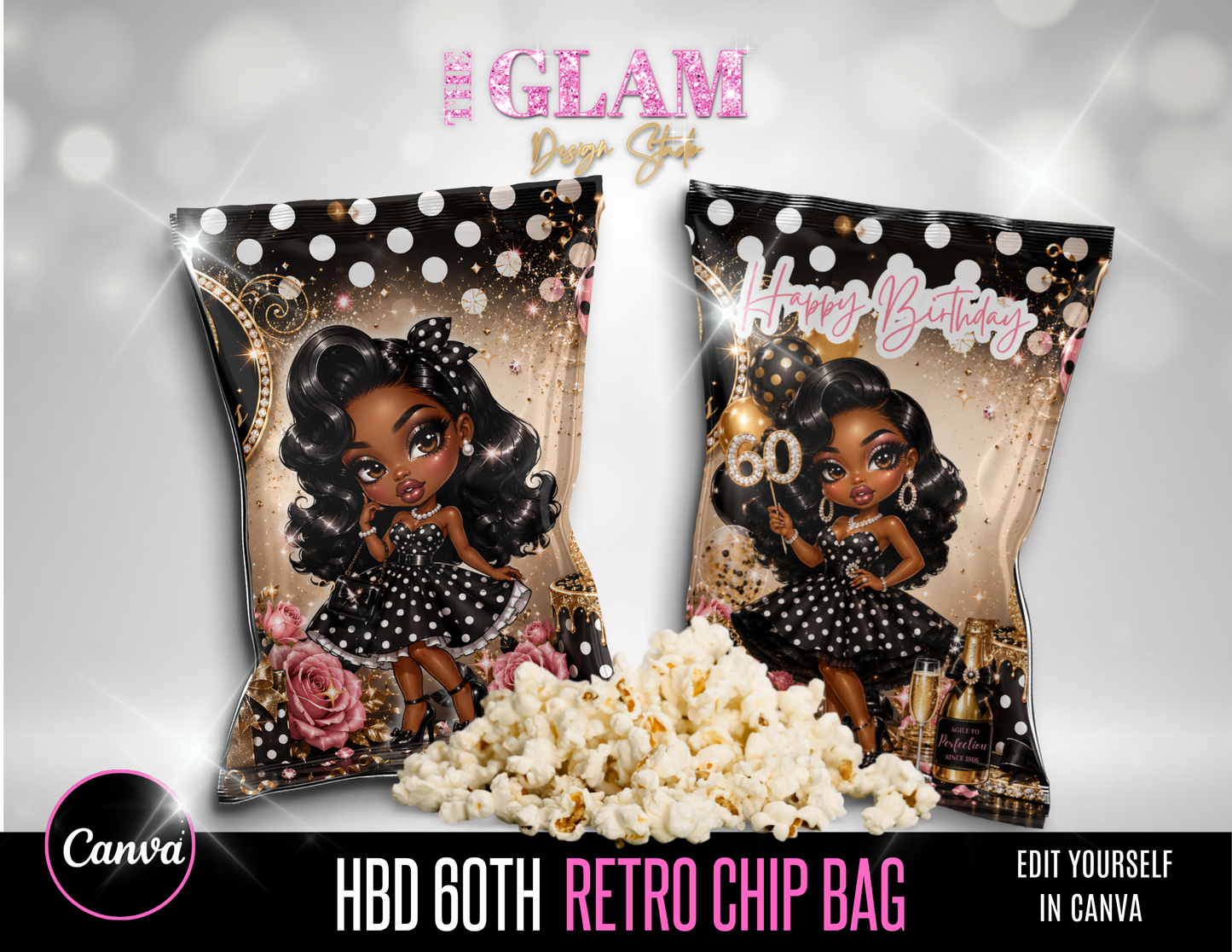 Retro 60th Birthday Chip Bag Bundle | Editable Canva Template | Glam Vintage Party Favor Wrapper