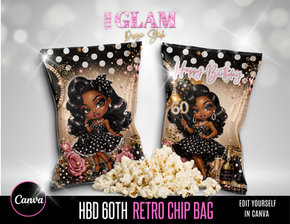 Retro 60th Birthday Chip Bag Bundle | Editable Canva Template | Glam Vintage Party Favor Wrapper