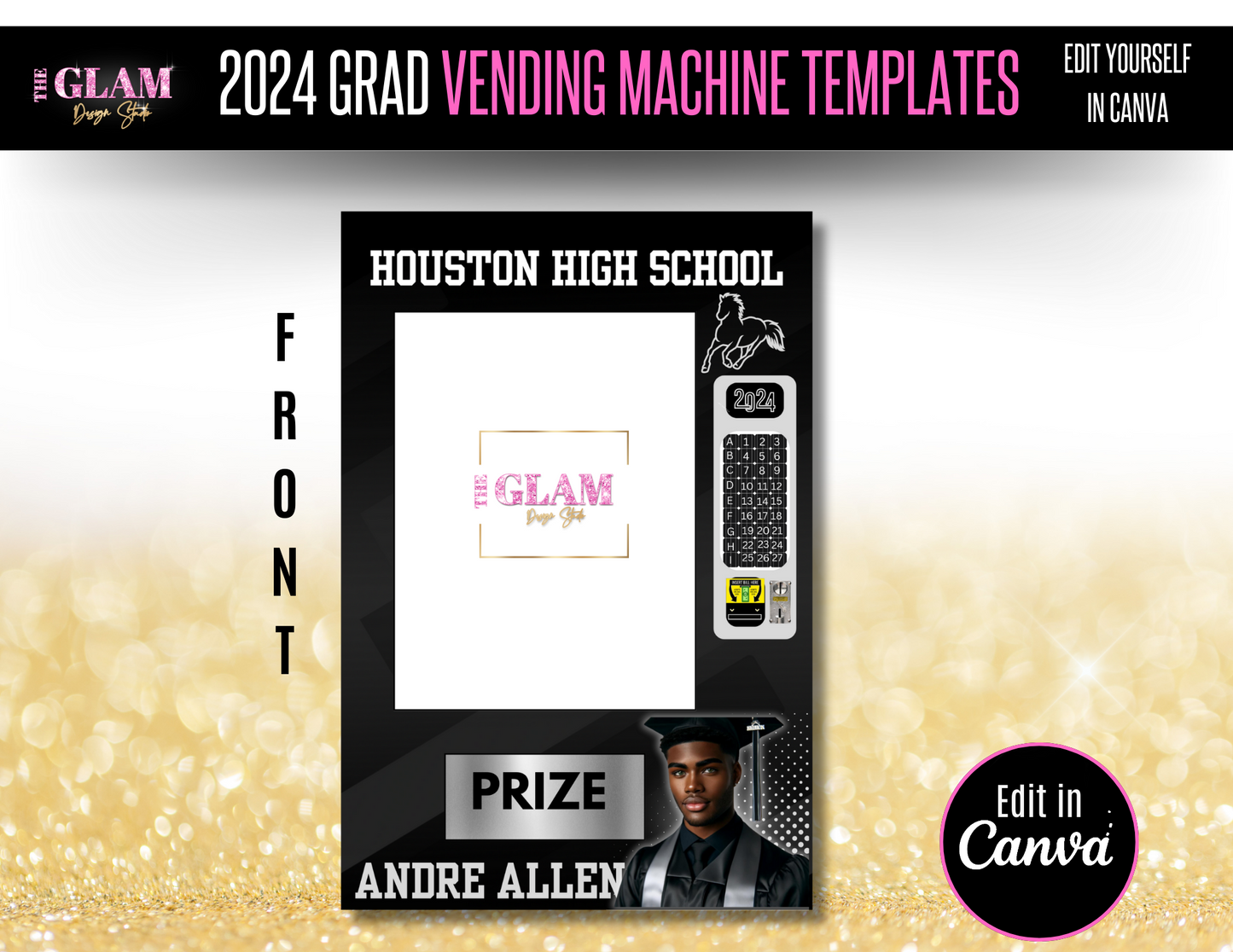 2024 Grad Vending Machine Editable Templates, (Canva Black) 3 Sizes Included