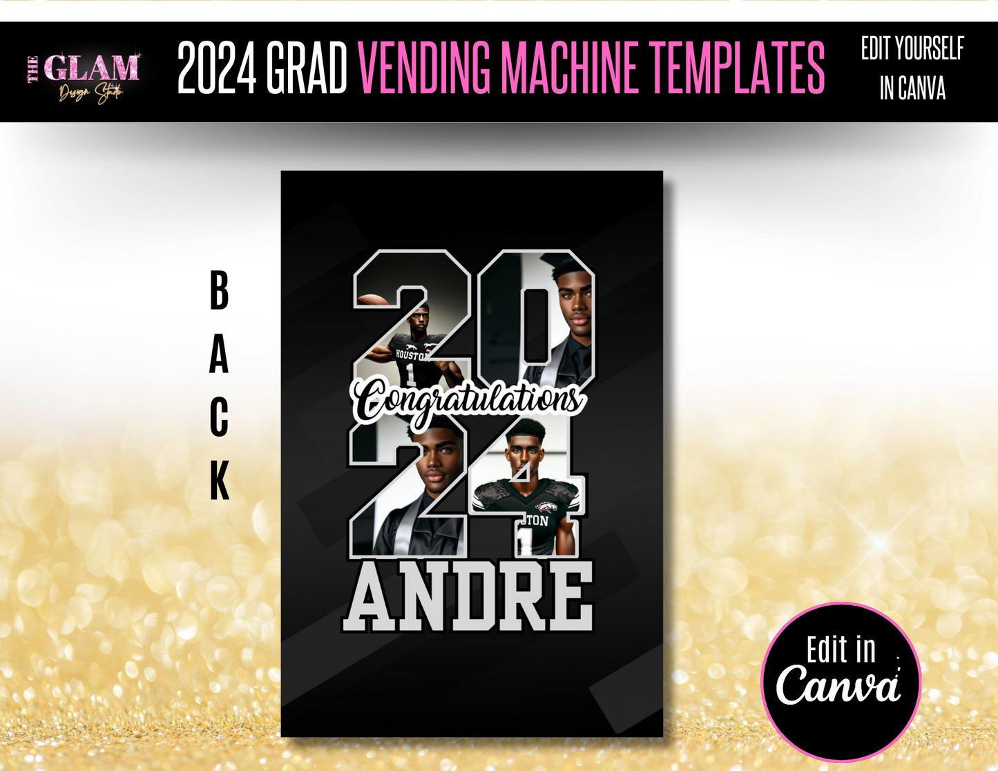 2024 Grad Vending Machine Editable Templates, (Canva Black) 3 Sizes Included